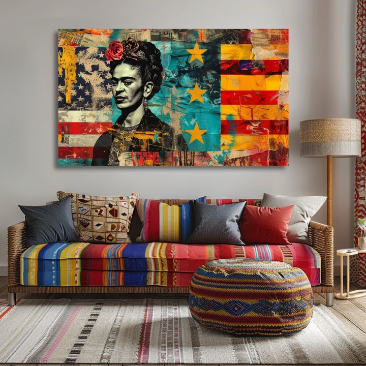 Moderan slika na platnu s motivom Frida Kahlo - Kultúrny odkaz, cveće u crveno-tirkiznih nijansama, odvažna atmosfera | Slika Frida Kahlo - Kultúrny odkaz – proizvod