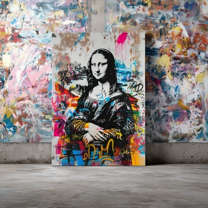 Moderan slika na platnu s motivom Graffiti Mona na platnu u crno-belih nijansama, energična atmosfera | Slika Graffiti Mona na platnu – proizvod, pogled 3