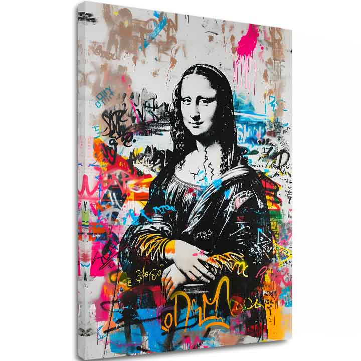 Moderan slika na platnu s motivom Graffiti Mona na platnu u crno-belih nijansama, energična atmosfera | Slika Graffiti Mona na platnu – glavna