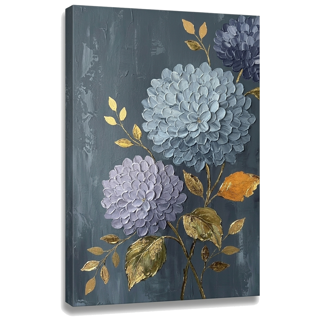 Slika hortenzije na platnu — 3D vizuelizacija platna sa vidljivim drvenim ramom, Papilora Premium Art.
