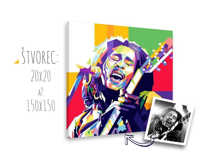 Pop art slika na platnu s motivom gitara, mikrofon, ljudi u belo-ljubičastih nijansama, energična atmosfera, rock and roll, pogodan za dnevnog boravka – glavna