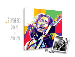 Pop art slika na platnu s motivom gitara, mikrofon, ljudi u belo-ljubičastih nijansama, energična atmosfera, rock and roll, pogodan za dnevnog boravka – glavna