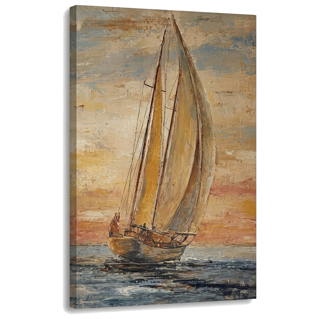 Slika jedrenjak na moru pri zalasku sunca na platnu — 3D vizuelizacija canvasa sa vidljivim drvenim ramom, Papilora Premium Art.