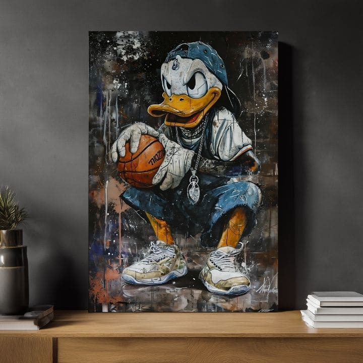 Moderan slika na platnu s motivom LeBron Duck na platnu u belih nijansama, urbana atmosfera, pop kultura i nostalgija | Slika LeBron Duck na platnu – proizvod, pogled 2