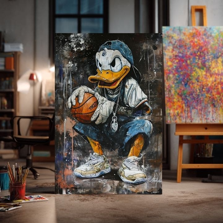 Moderan slika na platnu s motivom LeBron Duck na platnu u belih nijansama, urbana atmosfera, pop kultura i nostalgija | Slika LeBron Duck na platnu – proizvod, pogled 3
