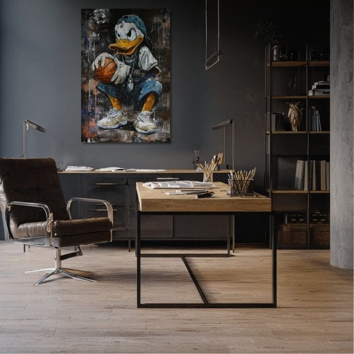 Moderan slika na platnu s motivom LeBron Duck na platnu u belih nijansama, urbana atmosfera, pop kultura i nostalgija | Slika LeBron Duck na platnu – proizvod