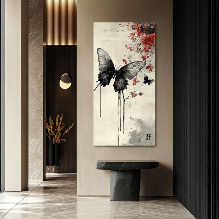 Moderan slika na platnu s motivom Leptira - Japonský Minimalizmus, leptir, cveće u krem-crnih nijansama, mirna atmosfera | Slika Leptira - Japonský Minimalizmus – proizvod, pogled 2