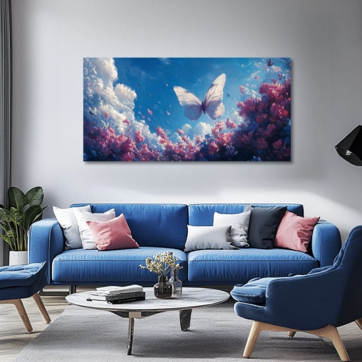 Moderan slika na platnu s motivom Leptira v Oblakoch Slobody, leptir, cveće, nebo, oblaci, sanjiva atmosfera, priroda i prolećna atmosfera | Slika Leptira v Oblakoch Slobody – proizvod, pogled 2