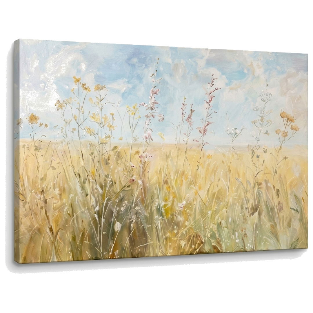 Slika letnja livada sa divljim cvećem na platnu — 3D vizuelizacija canvasa sa vidljivim drvenim ramom, Papilora Premium Art.