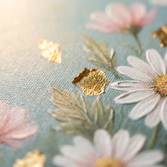 Makro detalj ručno oslikanih impasto poteza akrilnom bojom na površini cvetova, vidljiva tekstura i reljef — Papilora Crafted for Home.
