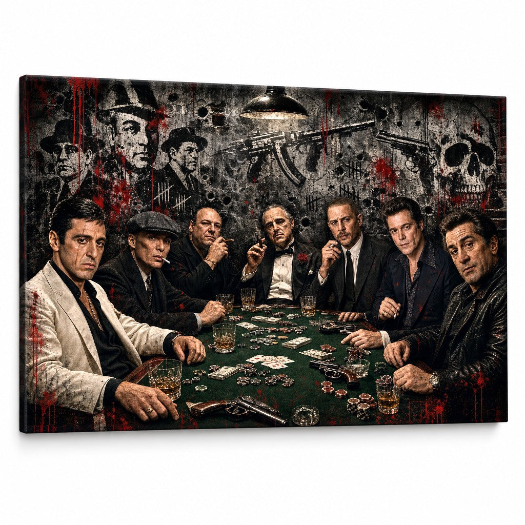 Slika mafijaša za pokerskim stolom na tamnom zidu – 7 gangsterskih filmskih legendi na platnu Papilora