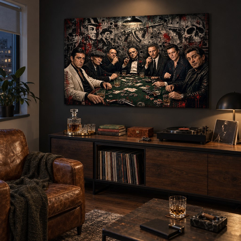 Tamna slika gangstera za pokerskim stolom u elegantnoj muškoj radnoj sobi iznad komode