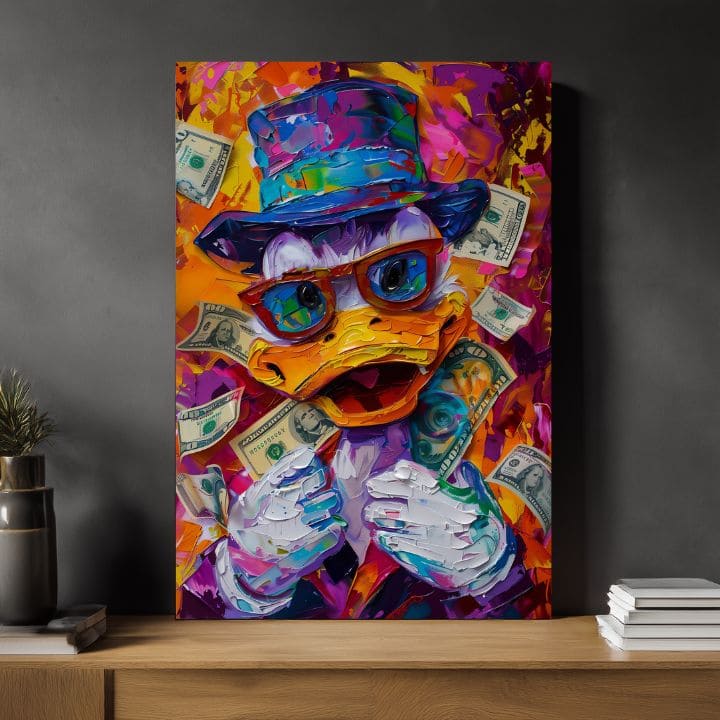 Moderan slika na platnu s motivom Money Duck, naočare u narandžasto-ljubičastih nijansama, energična atmosfera, pop kultura | Slika Money Duck – proizvod, pogled 3