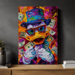 Moderan slika na platnu s motivom Money Duck, naočare u narandžasto-ljubičastih nijansama, energična atmosfera, pop kultura | Slika Money Duck – proizvod, pogled 3