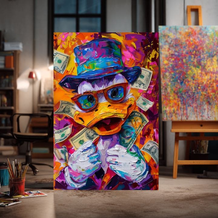 Moderan slika na platnu s motivom Money Duck, naočare u narandžasto-ljubičastih nijansama, energična atmosfera, pop kultura | Slika Money Duck – proizvod