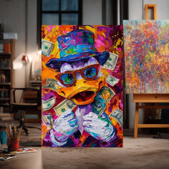 Moderan slika na platnu s motivom Money Duck, naočare u narandžasto-ljubičastih nijansama, energična atmosfera, pop kultura | Slika Money Duck – proizvod