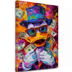 Moderan slika na platnu s motivom Money Duck, naočare u narandžasto-ljubičastih nijansama, energična atmosfera, pop kultura | Slika Money Duck – glavna