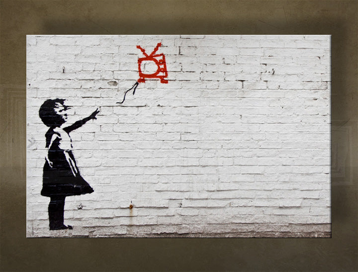 Klasičan slika na platnu s motivom Street ART – Banksy, balon, pejzaž, more i plaža u ljubičasto-plavih nijansama, melanholična atmosfera, višedelna izvedba – glavna