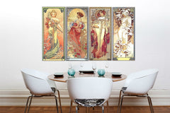 Vintage slika s motivom ŠTYRI ROČNÉ OBDOBIA 120x70 cm – Alfons Mucha, mapa u zeleno-zlatnih nijansama | Slika na platnu ŠTYRI ROČNÉ OBDOBIA 120x70 cm – Alfons Mucha – pregled