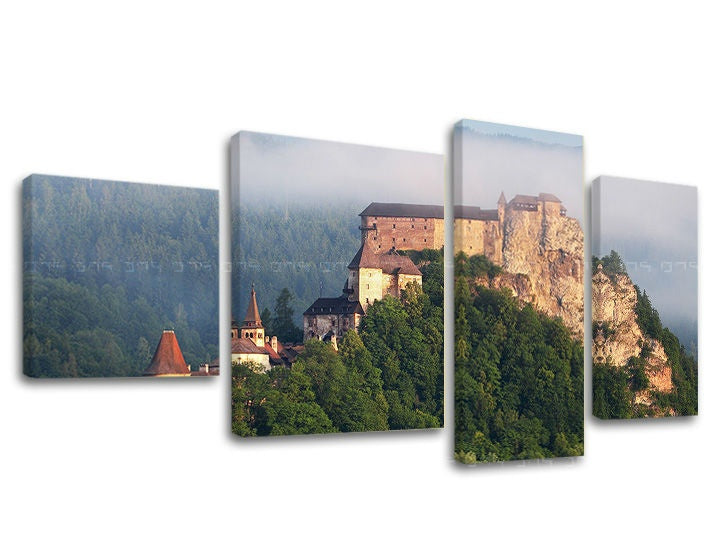 Klasičan slika na platnu s motivom SLOVAČKA, zamak, šuma, crkva, magla u belo-plavih nijansama, mirna atmosfera, priroda, višedelna izvedba – glavna