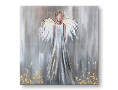 Art deko slika na platnu s motivom anđeo, figura, religiozni motiv, priroda u belo-sivih nijansama, mirna atmosfera, duhovnost, pogodan za dnevnog boravka – glavna