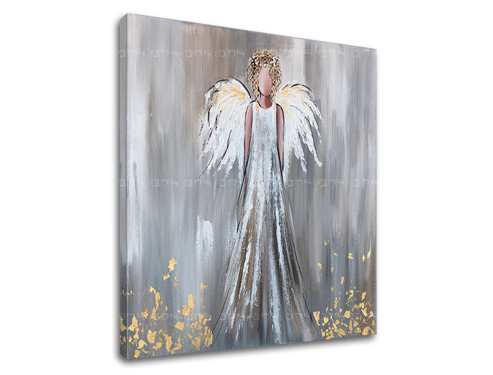 Art deko slika na platnu s motivom anđeo, figura, religiozni motiv, priroda u belo-sivih nijansama, mirna atmosfera, duhovnost, pogodan za dnevnog boravka – proizvod