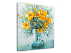 Pop art slika na platnu s motivom CVEĆE VO VAZE, cveće, priroda u belo-plavih nijansama, vesela atmosfera, priroda i prolećna atmosfera, pogodan za kuhinje – proizvod