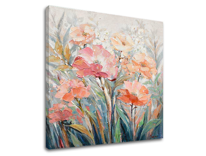 Moderan slika na platnu s motivom CVETNA BAŠTA, makovi, bašta, cveće, priroda u bež-narandžastih nijansama, vesela atmosfera, pogodan za dnevnog boravka – proizvod