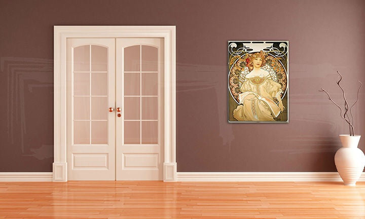 Geometrijski slika s motivom SNÍVANIE – Alfons Mucha, cveće, priroda u kremih nijansama | Slika na platnu SNÍVANIE – Alfons Mucha – pregled