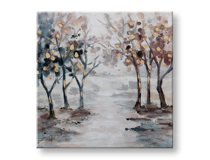 Art deko slika na platnu s motivom drveće, pejzaž, priroda u bež-ljubičastih nijansama, mirna atmosfera, priroda i rast i razvoj, pogodan za hodnika – glavna