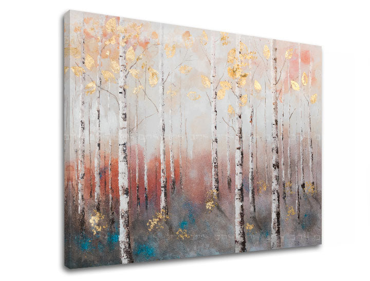 Art deko slika na platnu s motivom šuma, pejzaž, priroda u belo-plavih nijansama, mirna atmosfera, priroda i elegancija, pogodan za dnevnog boravka – proizvod