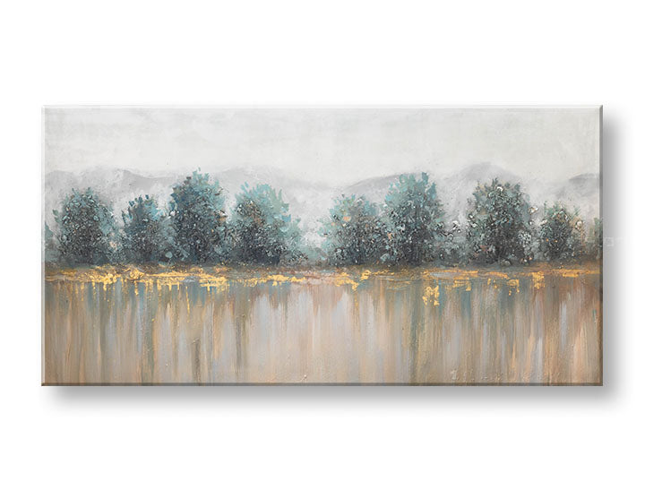 Art deko slika na platnu s motivom drveće, planine, pejzaž, priroda u belo-bežih nijansama, mirna atmosfera, priroda i razmišljanje, pogodan za kancelarije – glavna