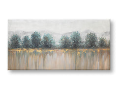 Art deko slika na platnu s motivom drveće, planine, pejzaž, priroda u belo-bežih nijansama, mirna atmosfera, priroda i razmišljanje, pogodan za kancelarije – glavna