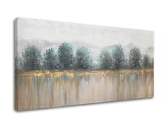 Art deko slika na platnu s motivom drveće, planine, pejzaž, priroda u belo-bežih nijansama, mirna atmosfera, priroda i razmišljanje, pogodan za kancelarije – proizvod