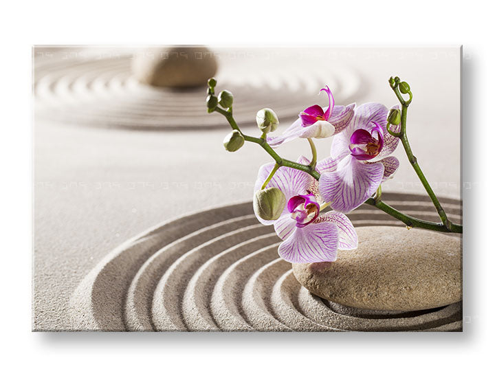 Klasičan slika na platnu s motivom FENG SHUI, orhideja, zen bašta, arhitektura, dečji motiv u ružičastih nijansama, mirna atmosfera, pogodan za dnevnog boravka – glavna