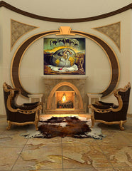 Vintage slika na platnu s motivom mapa u smeđe-zelenih nijansama okačena u enterijeru dnevnog boravka, vreme i snovi | Slika na platnu GEOPOLITICUS CHILD WATCHING the BIRTH OF NEW MAN – Salvador Dalí