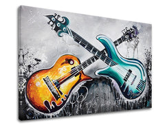 Pop art slika s motivom GITARY 1 delni, muzički motiv, pejzaž u plavo-narandžastih nijansama | Slika na platnu GITARY 1 delni, kreativnost – pregled