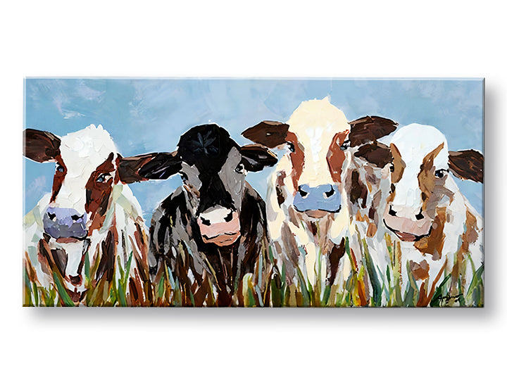 Pop art slika na platnu s motivom KRAVY, nebo, pejzaž, svemir u belo-smeđih nijansama, vesela atmosfera, priroda, pogodan za kuhinje | Slika na platnu KRAVY – glavna