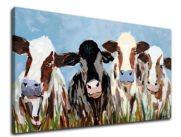 Pop art slika na platnu s motivom KRAVY, nebo, pejzaž, svemir u belo-smeđih nijansama, vesela atmosfera, priroda, pogodan za kuhinje | Slika na platnu KRAVY – proizvod