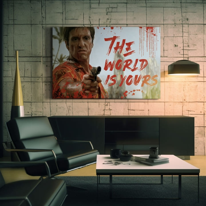 Pop art slika na platnu s motivom Krvavý Tony Montana so zbraňou v ruke, pejzaž u belo-crvenih nijansama, snaga i moć | Scarface slika na platnu Krvavý Tony Montana so zbraňou v ruke –..., pogled 2