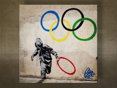 U boho stilu slika s motivom Street ART – Banksy u višebojnih nijansama | Slika na platnu Street ART – Banksy, detinjstvo i gradski život – pregled