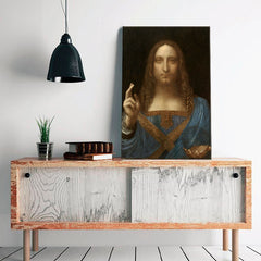 Vintage slika s motivom Leonardo da Vinci - Salvator Mundi, mapa, priroda u plavo-zlatnih nijansama | Slika na platnu Leonardo da Vinci - Salvator Mundi – pregled