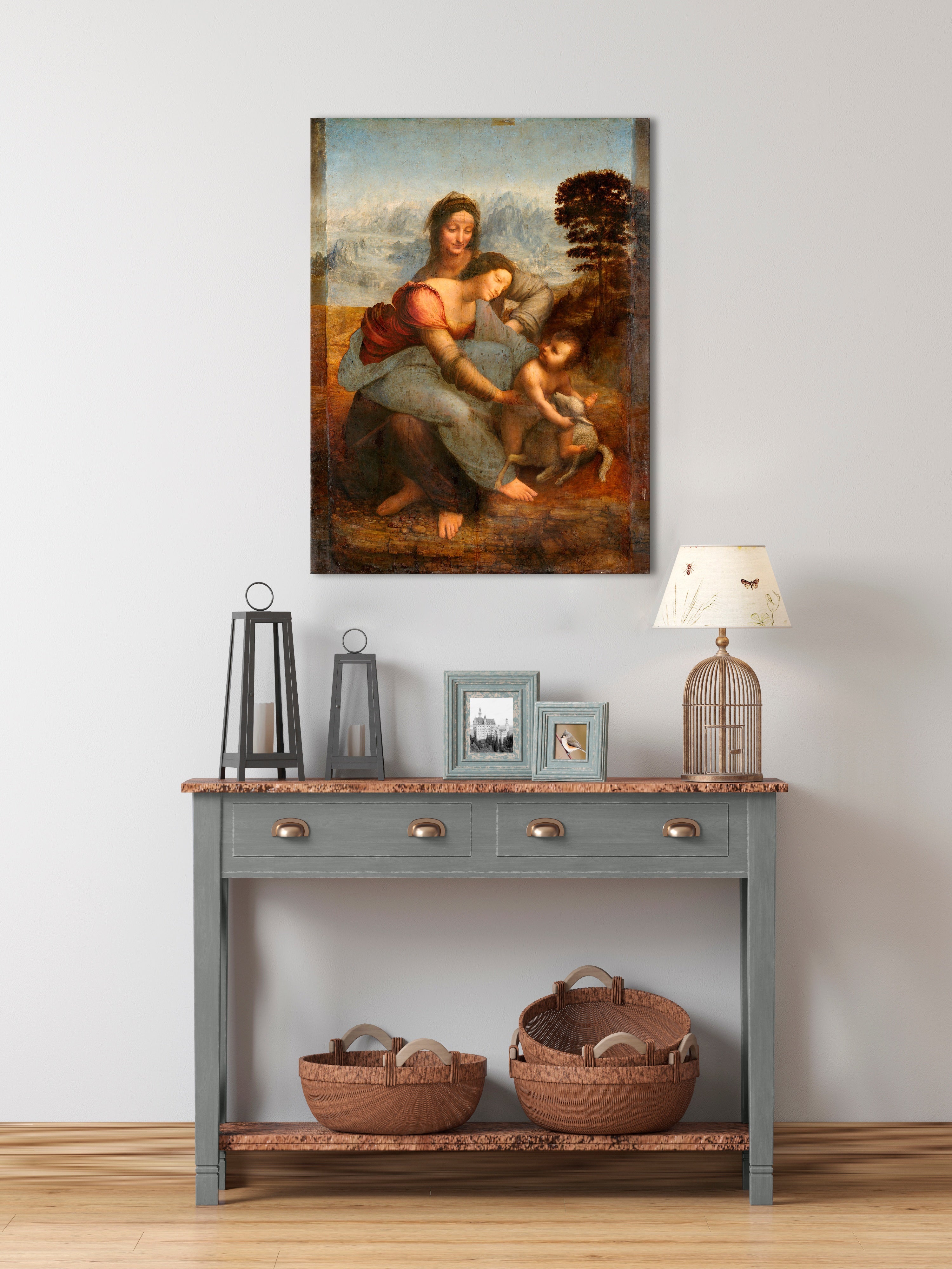 Vintage slika s motivom Leonardo da Vinci - Svatá porodica so svatou Annou, dete, pejzaž u plavo-zelenih nijansama, porodica i priroda – pregled