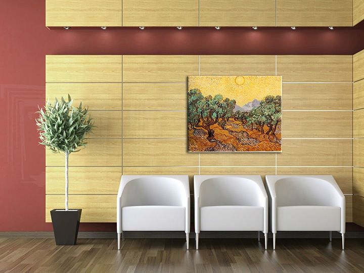 Vintage slika s motivom OLIVOVNÍKY – Vincent van Gogh, sunce, planine u smeđe-zelenih nijansama | Slika na platnu OLIVOVNÍKY – Vincent van Gogh – pregled