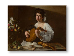 U boho stilu slika na platnu s motivom Michelangelo Caravaggio - Lutnista, cveće, violina, muzički motiv, priroda u belo-zlatnih nijansama, pogodan za kuhinje – proizvod, pogled 2