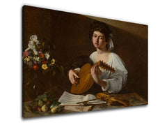 U boho stilu slika na platnu s motivom Michelangelo Caravaggio - Lutnista, cveće, violina, muzički motiv, priroda u belo-zlatnih nijansama, pogodan za kuhinje – proizvod