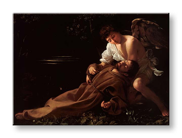 Vintage slika na platnu s motivom anđeo, religiozni motiv, ljudi u smeđe-zlatnih nijansama, mirna atmosfera, priroda, pogodan za dnevnog boravka | Slika na platnu Michelangelo Caravaggio - Svat..., pogled 3