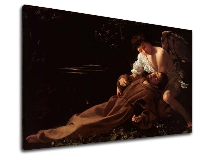 Vintage slika na platnu s motivom anđeo, religiozni motiv, ljudi u smeđe-zlatnih nijansama, mirna atmosfera, priroda, pogodan za dnevnog boravka | Slika na platnu Michelangelo Caravaggio - Svat..., pogled 2