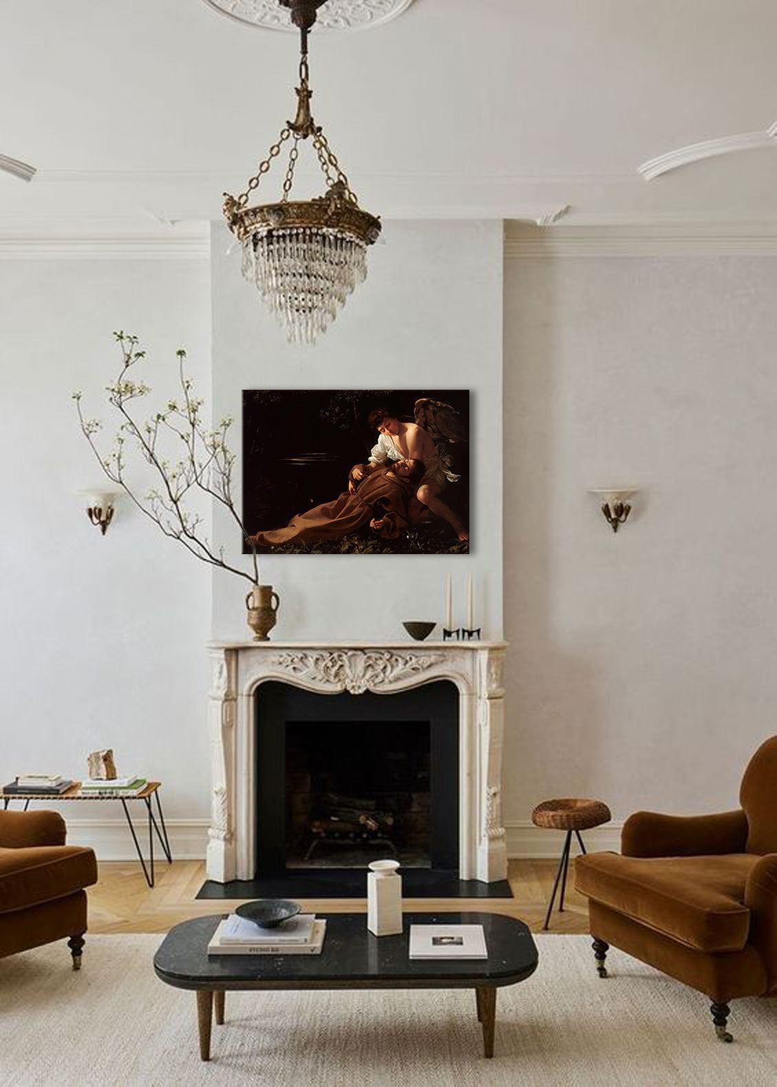 Vintage slika s motivom anđeo, religiozni motiv, ljudi u smeđe-zlatnih nijansama | Slika na platnu Michelangelo Caravaggio - Sveti František z Assisi v extáze – pregled