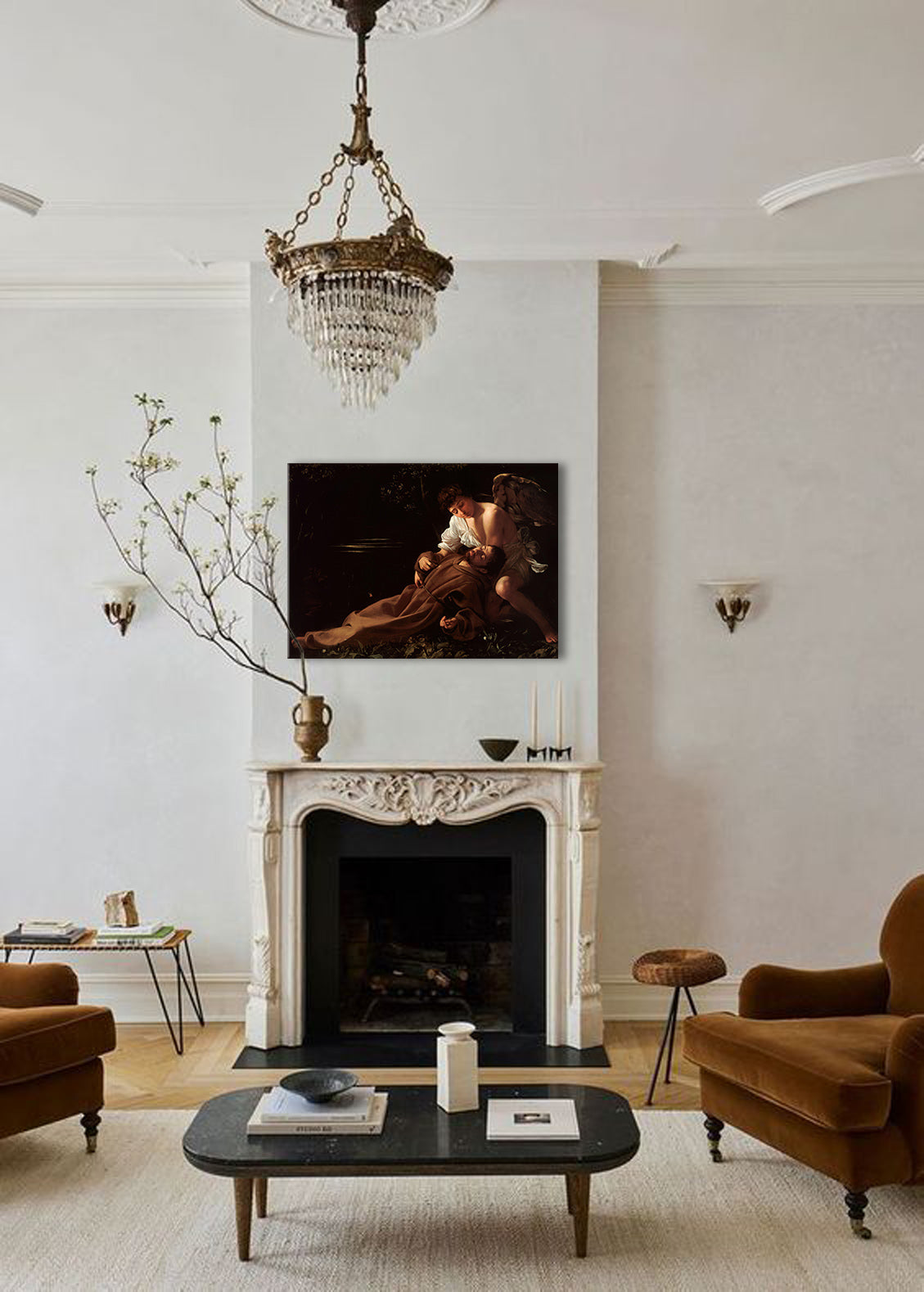 Vintage slika na platnu s motivom anđeo, religiozni motiv, ljudi u smeđe-zlatnih nijansama, mirna atmosfera, priroda, pogodan za dnevnog boravka | Slika na platnu Michelangelo Caravaggio - Sveti Františe...